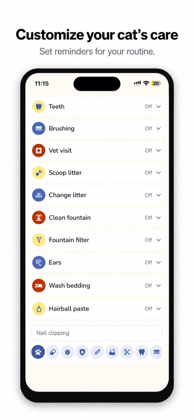 Care tasks: brushing, grooming, litter box, nail trims — each with its own reminder