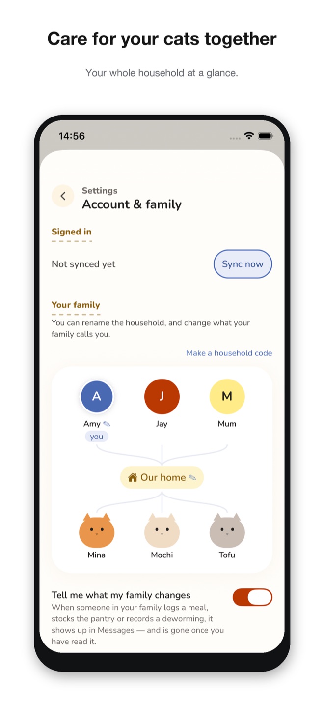 Account and family: everyone in the household and their cats, with family updates
